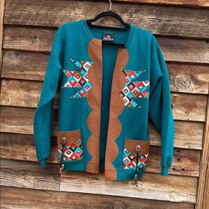 Vintage Hanes cardigan with Aztec detail beaded howling wolf